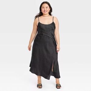 A New Day Black & White Polka Dot Asymmetrical Midi Slip Dress Size L